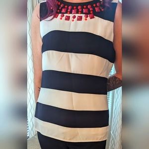Banana republic rhinestone neckline black white stripped top